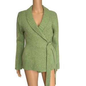 Ness Scotland clothing wool green wrap sweater cardigan size M side tie